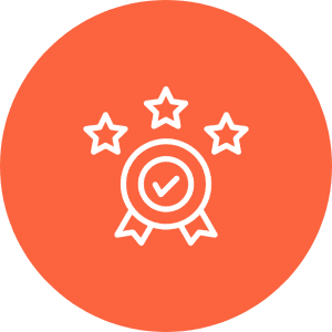 Icon of an award ribbon with a checkmark, surrounded by three stars, on an orange circular background.