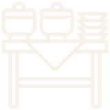 Line drawing of a table with two covered pots and a stack of plates on a tablecloth.