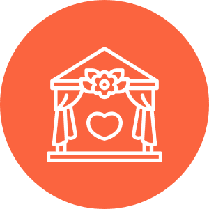 Icon of a gazebo with curtains, a flower on top, and a heart in the center, set against an orange circular background.