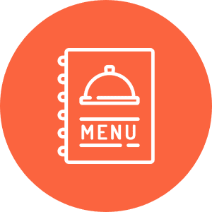 Orange circle with a white outline of a menu. The cover features a cloche icon above the word "MENU.