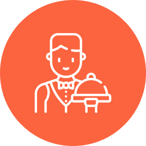 Icon of a waiter wearing a bow tie, holding a covered dish, on an orange circular background.
